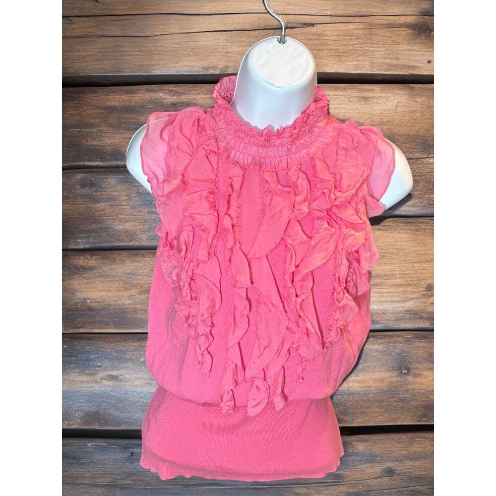Vintage Tracy M.  Pink Sleeveless Silk Ruffle High Collar Knit Top Womens M